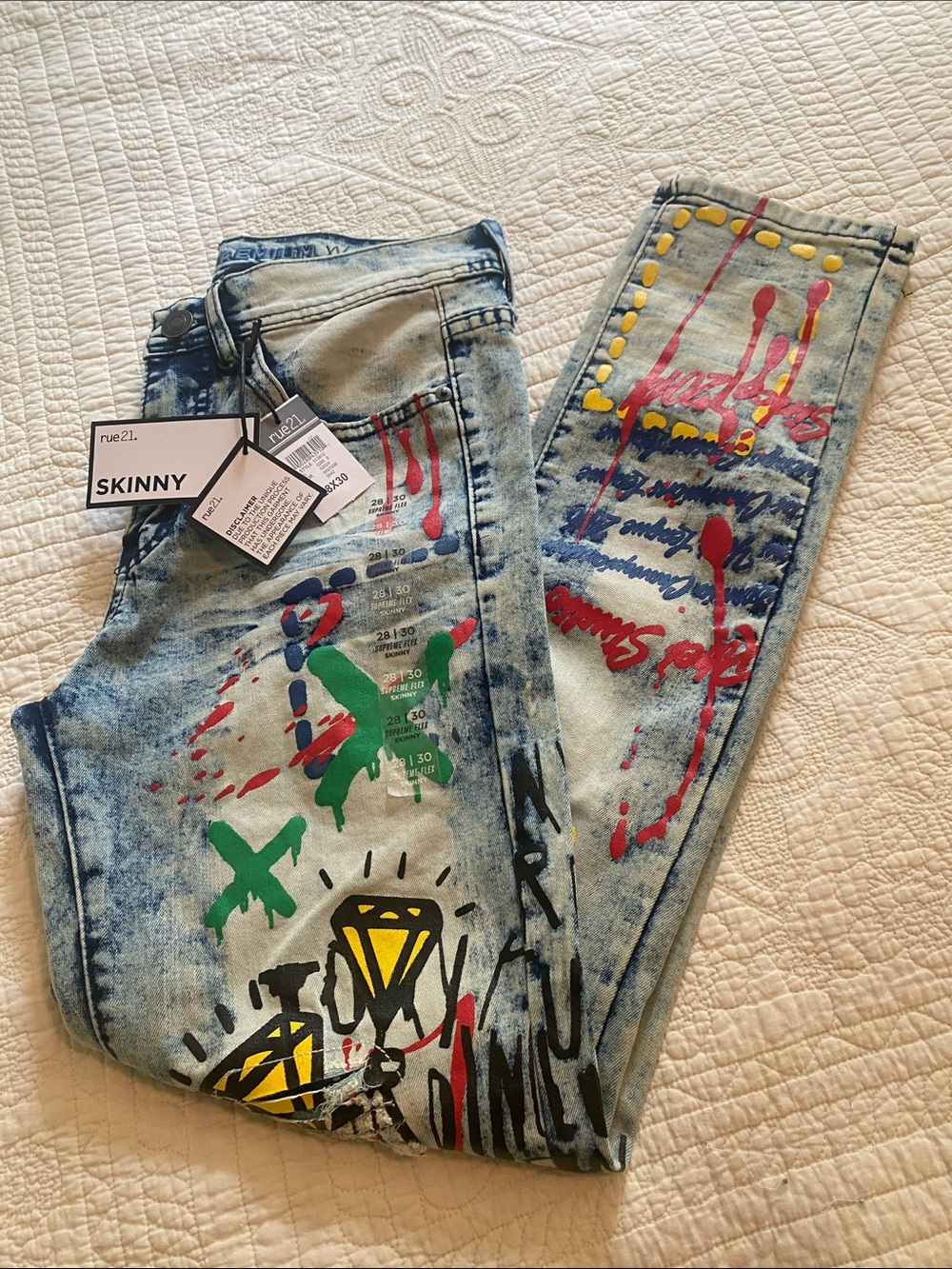 Rue21 Paint-Splatter COOL GRAFFITI Graphic Acid Wash SKINNY Jeans NWT Size 28x30 - Picture 11 of 13